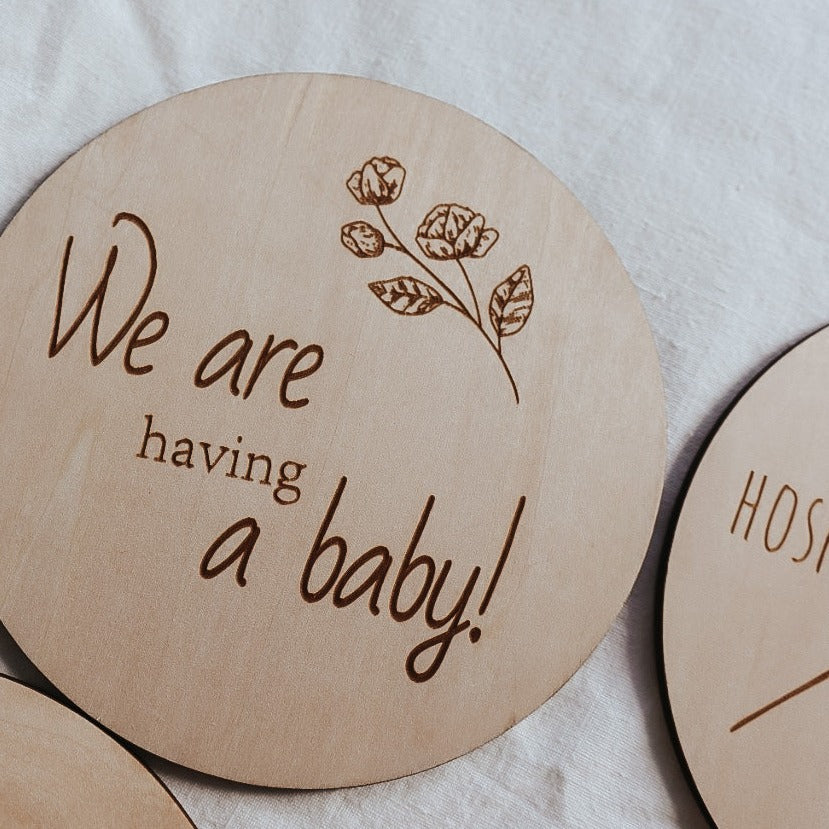wooden milestone discs. pregnancy milestones. engraved. its a boy, girl, baby coming soon, hospital bag packed, your nursery is ready, we cant wait to meet you, i cant see my toes, we are having a baby.