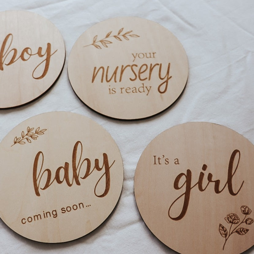 wooden milestone discs. pregnancy milestones. engraved. its a boy, girl, baby coming soon, hospital bag packed, your nursery is ready, we cant wait to meet you, i cant see my toes, we are having a baby.