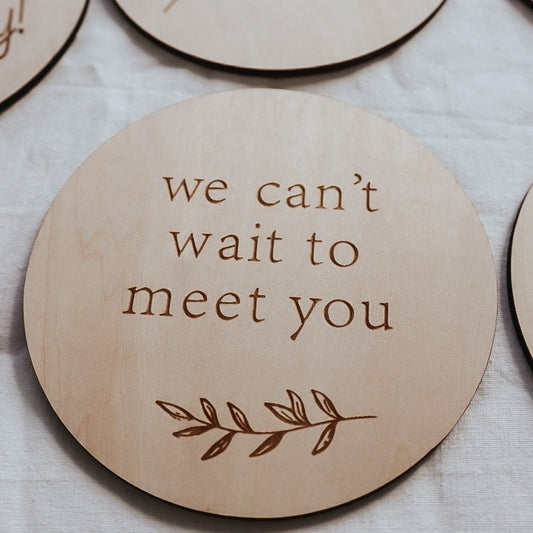 wooden milestone discs. pregnancy milestones. engraved. its a boy, girl, baby coming soon, hospital bag packed, your nursery is ready, we cant wait to meet you, i cant see my toes, we are having a baby.