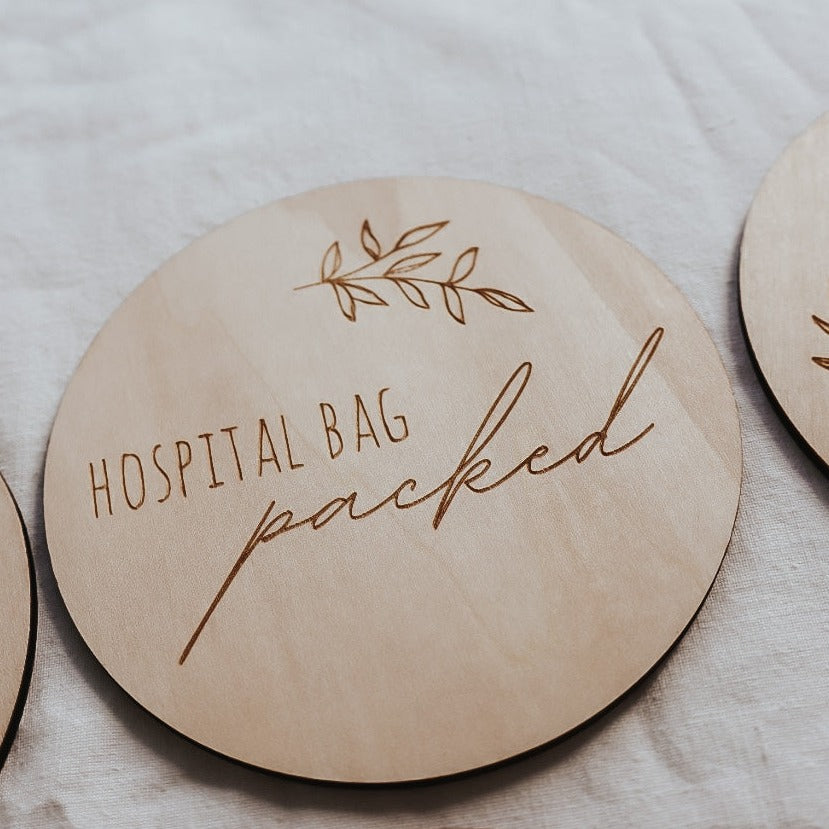 wooden milestone discs. pregnancy milestones. engraved. its a boy, girl, baby coming soon, hospital bag packed, your nursery is ready, we cant wait to meet you, i cant see my toes, we are having a baby.