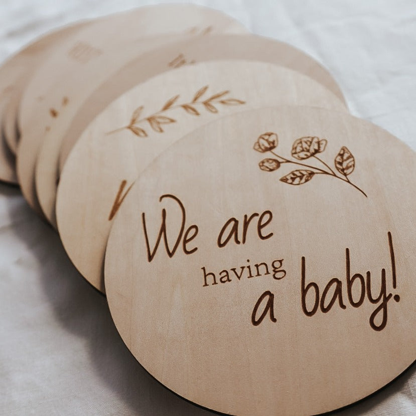 wooden milestone discs. pregnancy milestones. engraved. its a boy, girl, baby coming soon, hospital bag packed, your nursery is ready, we cant wait to meet you, i cant see my toes, we are having a baby.