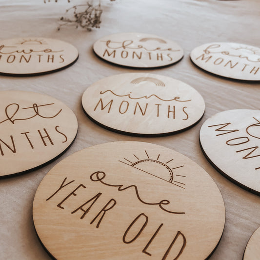 hello world. baby wooden engraved milestone discs. monthly milestones. 